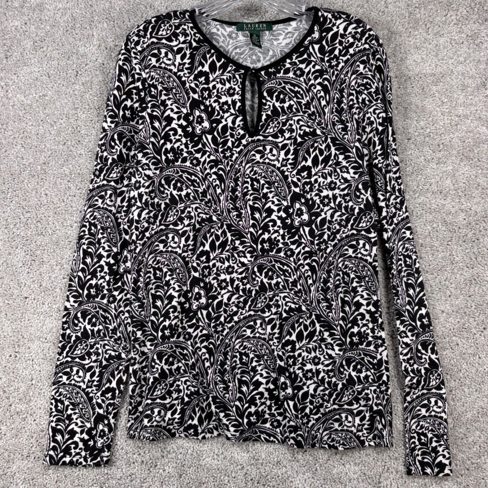 Lauren Ralph Lauren Womens XL Black White Paisley Keyhole Long Sleeve Top